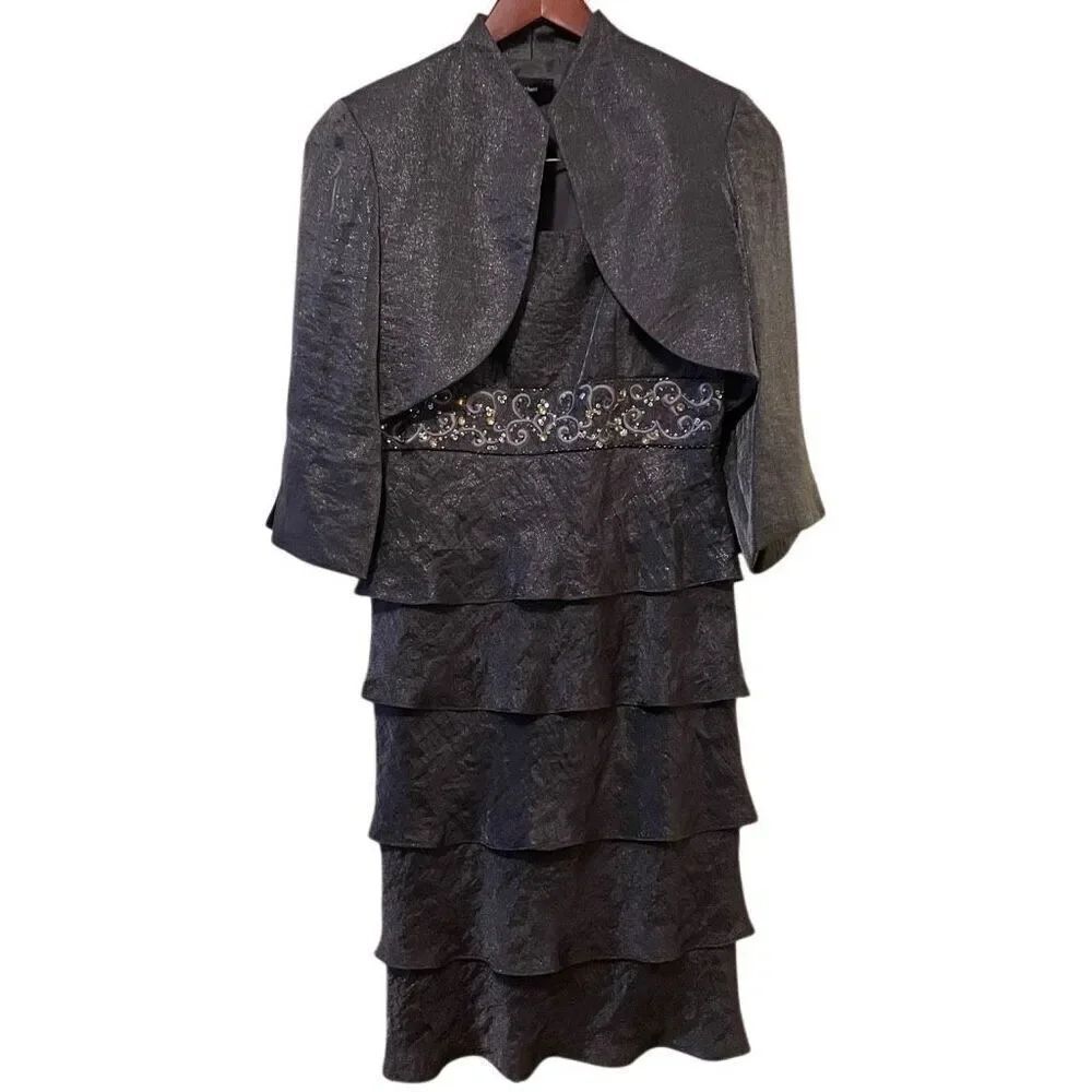 Vtg 90s Holographic Crepe Tiered Mini Dress 6 Gunmetal Shimmer Hoco Bolero Jacke